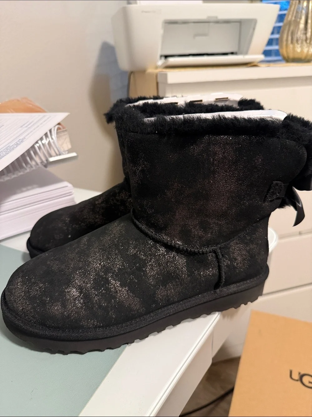 Bailey Bow Black Sparkle Short Shearling Boots - Women
